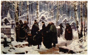 К.А. Савицкий, «Панихида в 9-й день на кладбище», 1885 г.