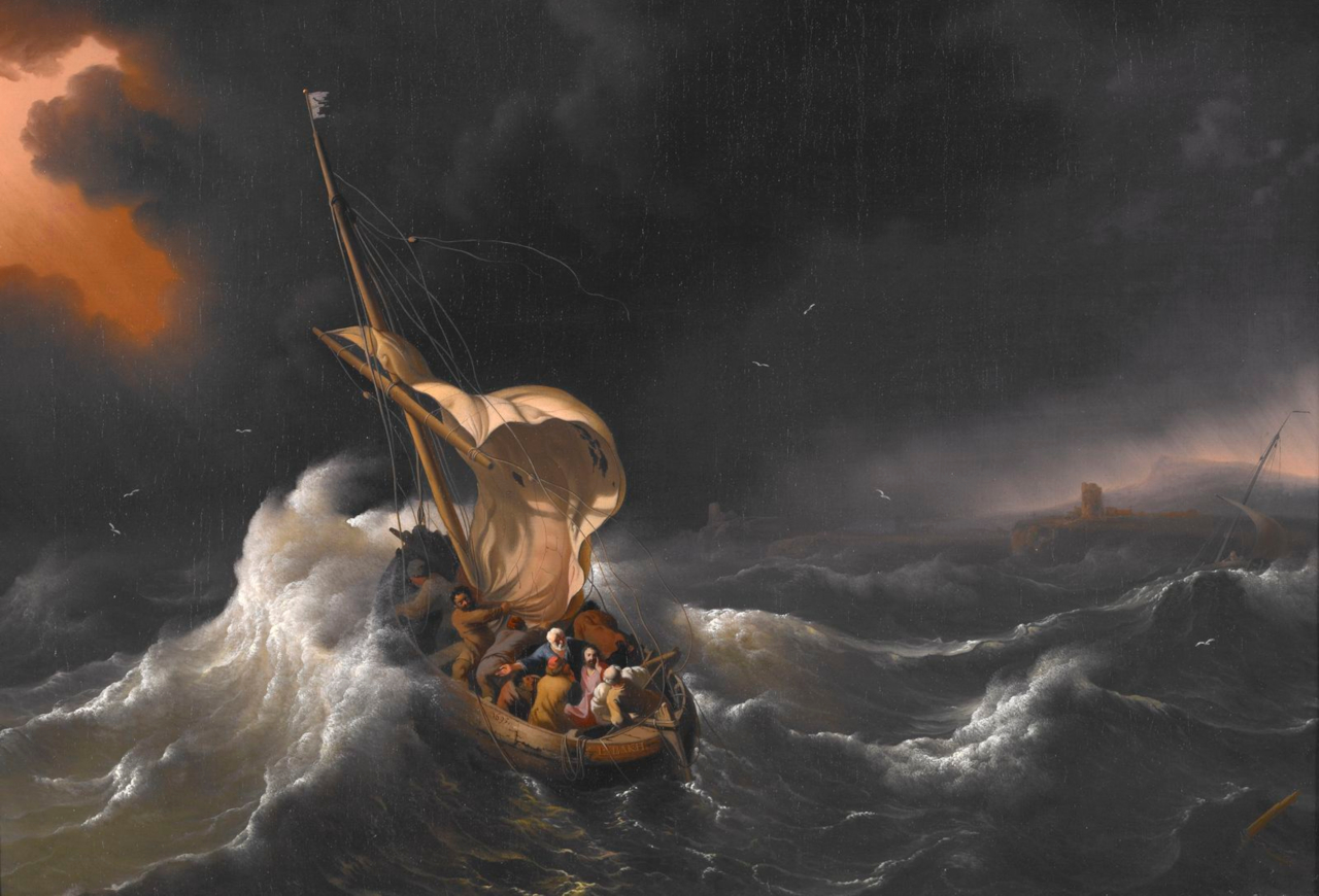 Иисус в лодке с учениками шторм