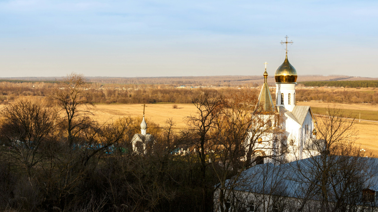 Белокаменная церковь с золотыми куполами, в поле
