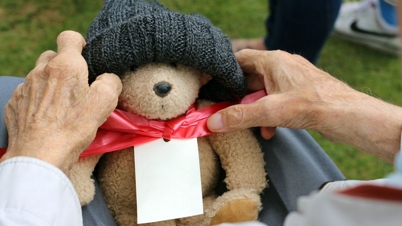 Пожилой человек надевает на игрушечного медведя шапочку