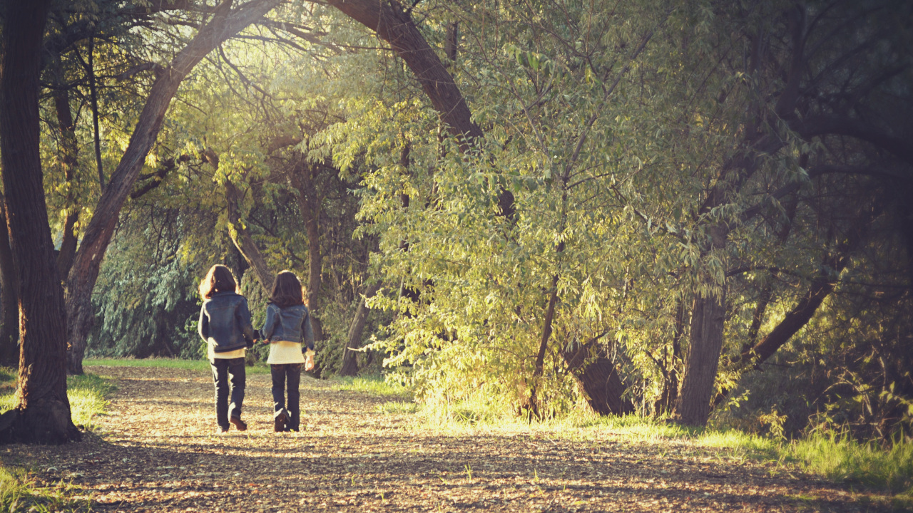 Две девочки гуляют в парке