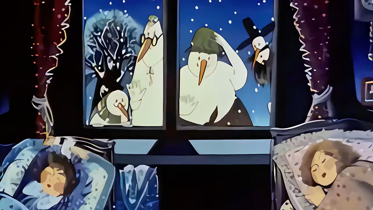 Снеговики смотрят в окно, на спящих детей