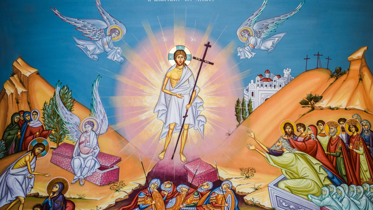 На изображении икона «Воскресение Христово»& На иконе Христос изображен в центре, окруженный сиянием. с крестом в руках.
